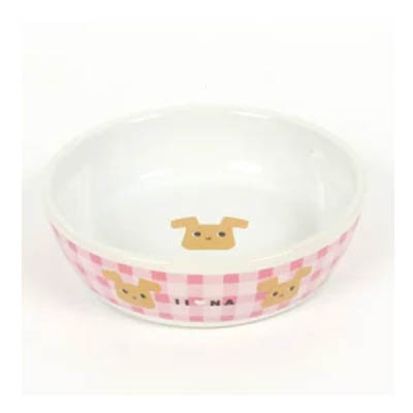 日本直送 狗狗陶瓷糧食碗 (粉紅格仔)